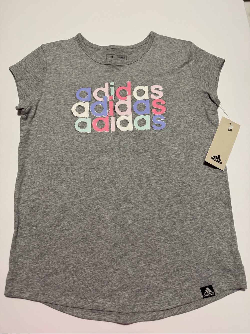 adidas Heather Grey Tee with Pastel Rainbow Logo